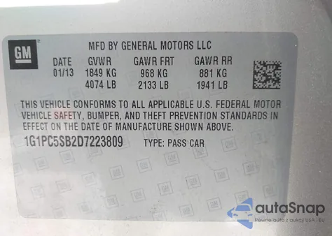 2013 Chevrolet Cruze 1Lt Auto z USA, uszkodzony, nr VIN 1G1PC5SB2D7223809